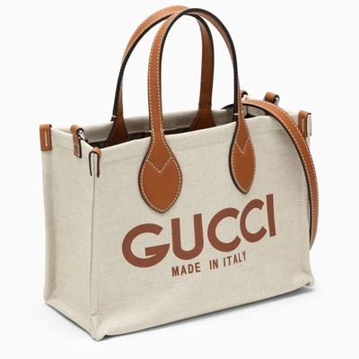 Shop Gucci Small Beige Canvas Tote Bag With Logo Women In Cream