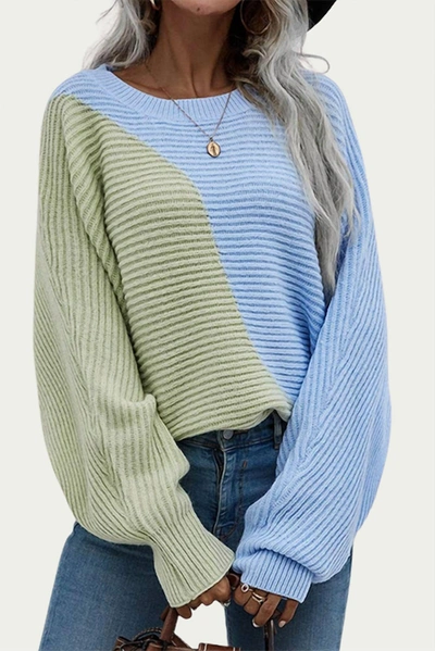 Shop Unishe Cotton-blend Colorblock Sweater In Green/blue In Multi