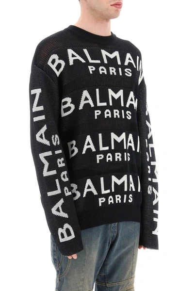 Shop Balmain Cotton Pullover With All-over Logo In Multicolor