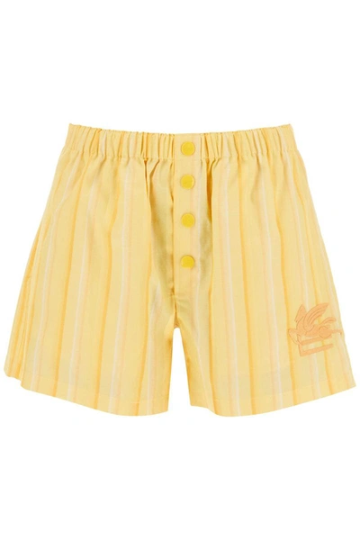 Shop Etro Striped Shorts With Logo Embroidery In Yellow