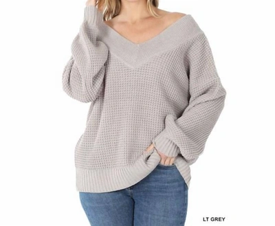 Shop Zenana Balloon Sleeve Wide V-neck Sweater In Light Grey