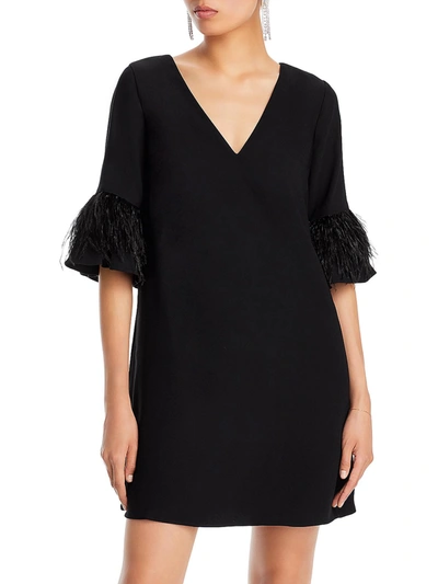 Shop Aidan Mattox Womens Feather Trim Mini Fit & Flare Dress In Black