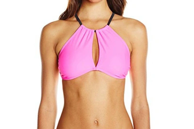 Shop Minkpink Swimwear Shocking High Neck Halter Black Strap Bikini Top In Pink