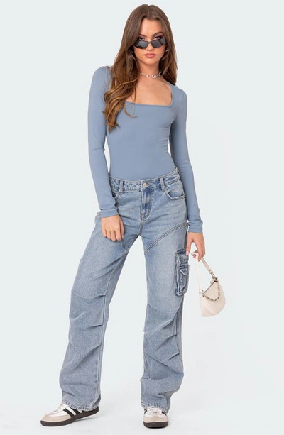 Shop Edikted Joanna Square Neck Long Sleeve Bodysuit In Light-blue