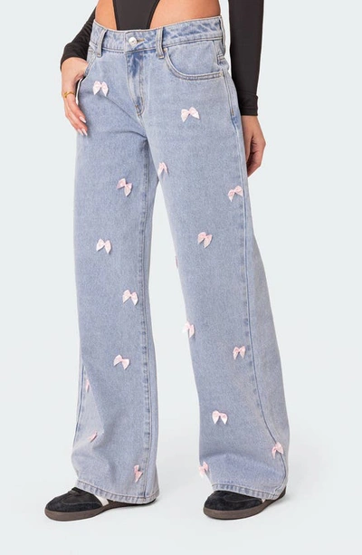 Edikted Lucille Low Rise Satin Bow Jeans In Light Blue In Light-blue