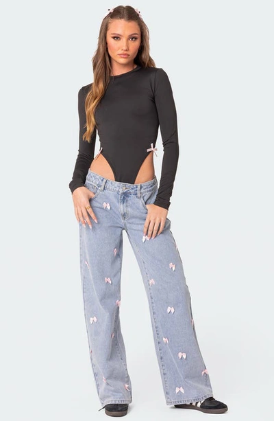 Edikted Lucille Low Rise Satin Bow Jeans In Light Blue In Light-blue