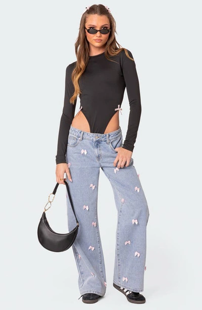 Edikted Lucille Low Rise Satin Bow Jeans In Light Blue In Light-blue
