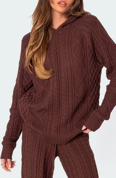 Shop Edikted Jelena Cable Knit Hoodie In Brown