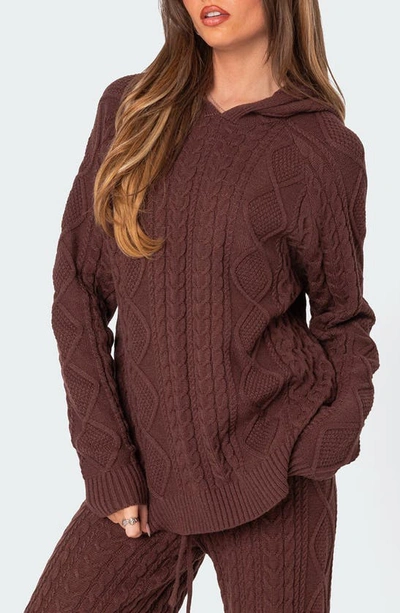 Shop Edikted Jelena Cable Knit Hoodie In Brown