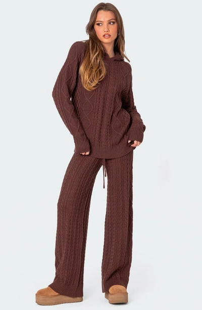 Shop Edikted Jelena Cable Knit Hoodie In Brown