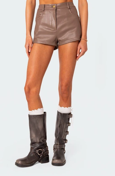 Shop Edikted Martine High Waist Faux Leather Shorts In Brown