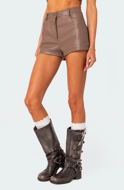 Shop Edikted Martine High Waist Faux Leather Shorts In Brown