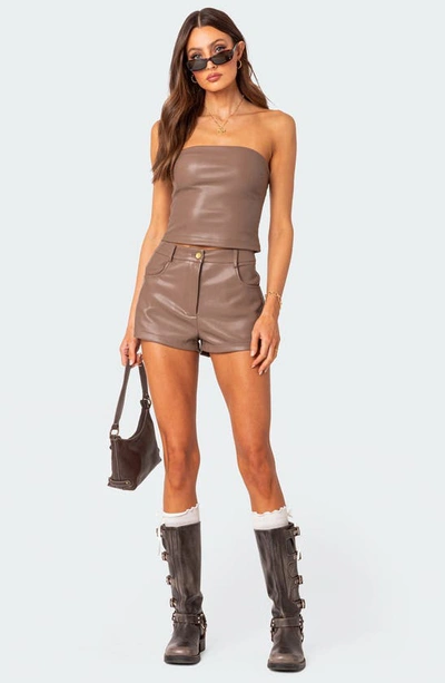 Shop Edikted Martine High Waist Faux Leather Shorts In Brown