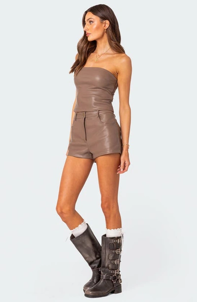 Edikted Martine High Rise Faux Leather Shorts In Brown