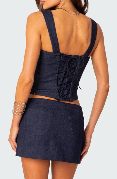 Edikted Jemma Lace-up Denim Corset Crop Top In Dark-blue