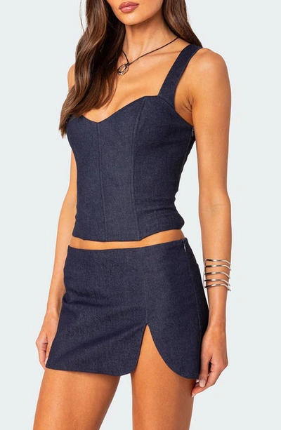Edikted Jemma Lace-up Denim Corset Crop Top In Dark-blue