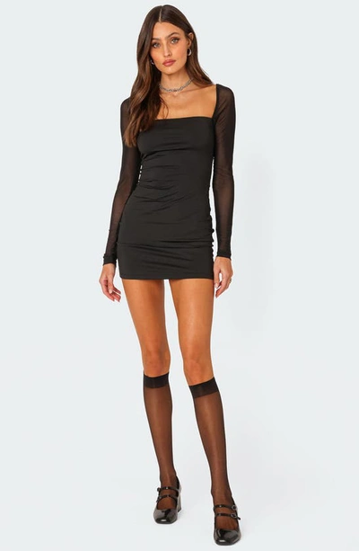 Shop Edikted Maia Sheer Long Sleeve Minidress In Black