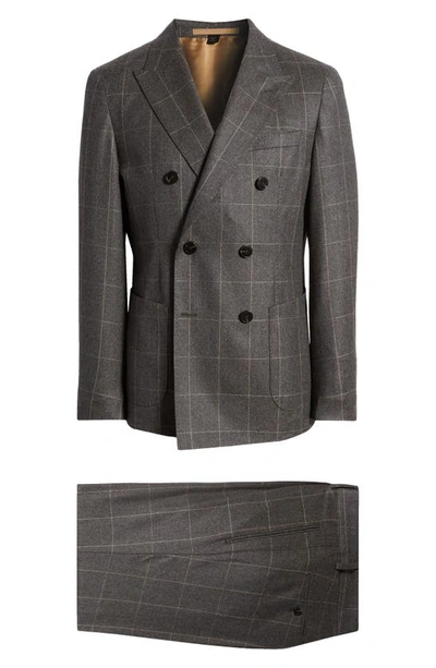 Shop Boss Camel Heston Windowpane Double Breasted Wool Suit In Medium Grey