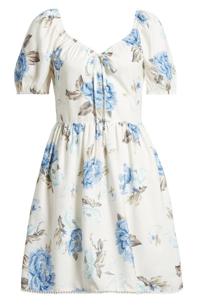 Shop Chelsea28 Floral Puff Sleeve Fit & Flare Dress In Blue Floral