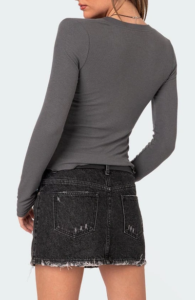 Edikted Emerson V-neck Long Sleeve Henley In Dark-gray