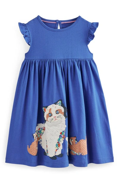 Shop Mini Boden Kids' Cat Appliqué Flutter Sleeve Cotton Dress In Bluejay Cats