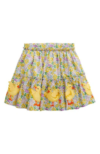 Shop Mini Boden Kids' Floral Duckling Appliqué Tiered Cotton Skirt In Yellow Spring Bloom Chicks