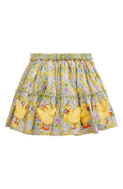 Shop Mini Boden Kids' Floral Duckling Appliqué Tiered Cotton Skirt In Yellow Spring Bloom Chicks