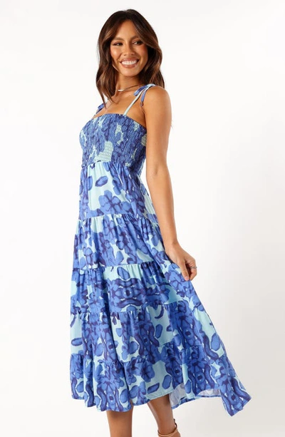 Petal And Pup Amarie Floral Tie Strap Smocked Midi Sundress In Blue