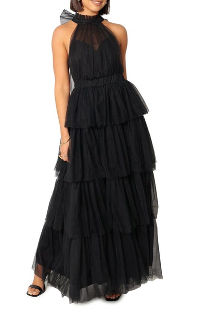 Shop Petal And Pup Petal & Pup Frances Halter Neck Tiered Tulle Gown In Black