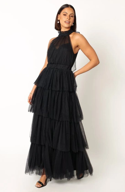 Shop Petal And Pup Petal & Pup Frances Halter Neck Tiered Tulle Gown In Black