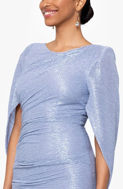 Shop Betsy & Adam Metallic Crinkle Cape Sleeve Trumpet Gown In Blue/ Silver