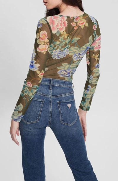 Shop Guess Reyla Floral Mesh Top In Green