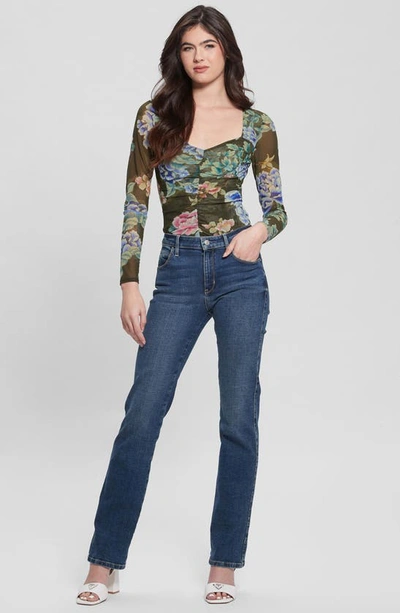 Shop Guess Reyla Floral Mesh Top In Green