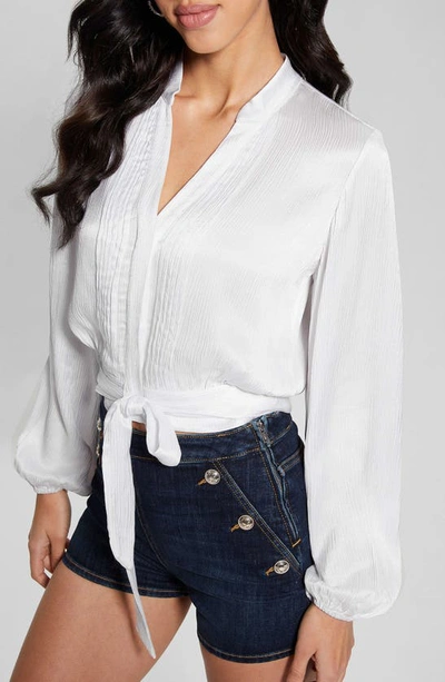 Shop Guess Soraya Tie Front Satin Top In White