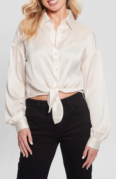 Shop Guess Jun Satin Tie Hem Button-up Shirt In White