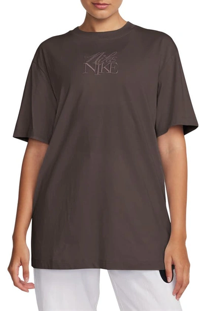 Shop Nike Oversize Embroidered T-shirt In Baroque Brown/ Smokey Mauve