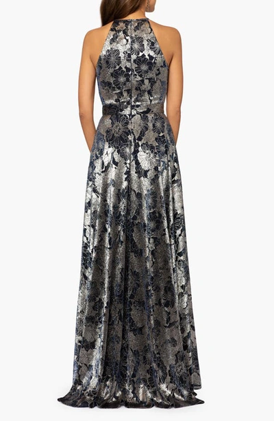 Betsy & Adam Metallic Floral Halter Gown In Navy/ Gunmetal