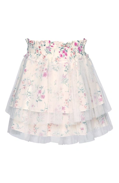 Shop Truly Me Kids' Floral Mesh Overlay Tiered Skirt In Ivory Multi