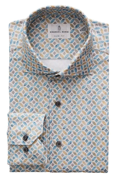 Shop Emanuel Berg 4flex Slim Fit Medallion Print Knit Button-up Shirt In Turquoise