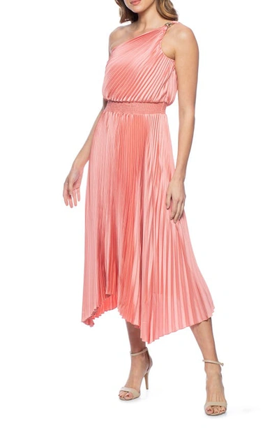 Shop Marina Pleated One-shoulder Handkerchief Hem Cocktail Dress In Coral