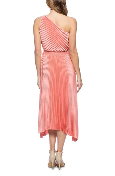 Shop Marina Pleated One-shoulder Handkerchief Hem Cocktail Dress In Coral
