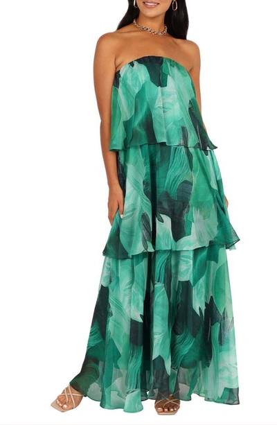 Shop Petal And Pup Petal & Pup Bloom Strapless Tiered Chiffon Maxi Dress In Green Floral