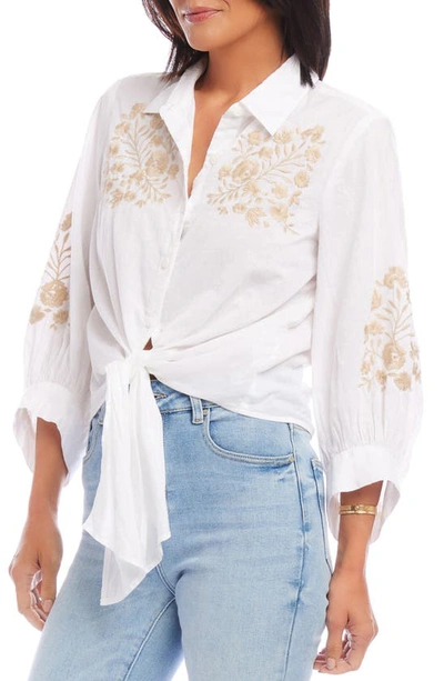 Shop Karen Kane Embroidered Tie Front Shirt In White With Khaki