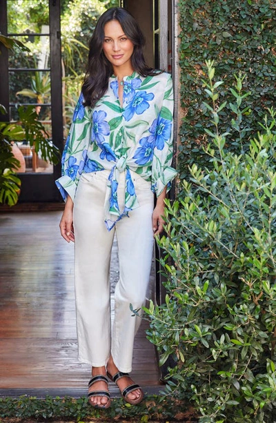 Shop Karen Kane Floral Tie Front Linen Button-up Top In Floral Print
