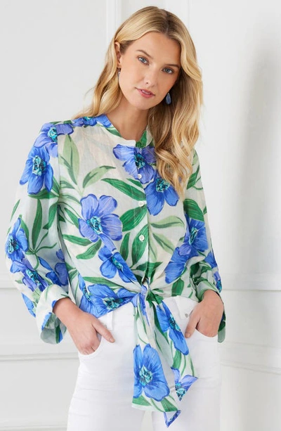 Shop Karen Kane Floral Tie Front Linen Button-up Top In Floral Print