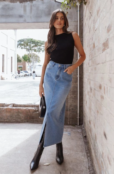 Petal And Pup Dana Denim Midi Skirt In Blue Wash