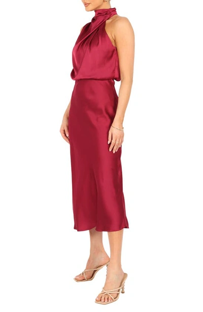 Petal And Pup Anabelle Halter Neck Satin Midi Dress In Berry