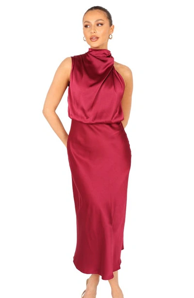 Petal And Pup Anabelle Halter Neck Satin Midi Dress In Berry