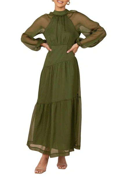 Petal And Pup Julip Long Sleeve Tiered Maxi Dress In Olive