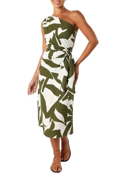 Petal And Pup Zara Print One-shoulder Midi Dress In Olive Palm